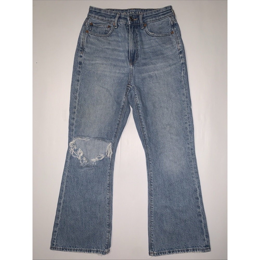 American Eagle Highest Rise 90s Flare Jeans Women's 4 Short Distressed Med Wash